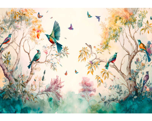 Fotobehang van vlinders en vogels geschilderd in aquarel, met bomen en kunstzinnige details.