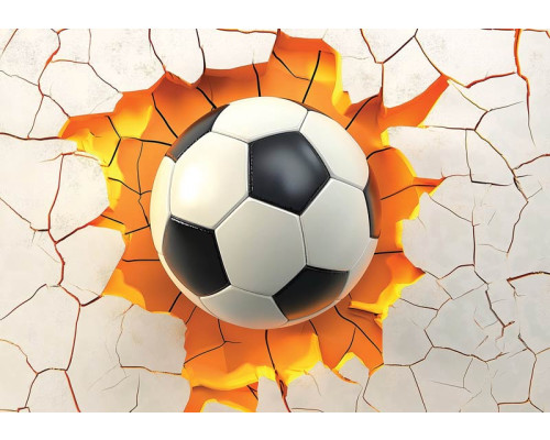 Fotobehang voetbal door de muur met 3D-effect van een bal die door gebarsten wand knalt.