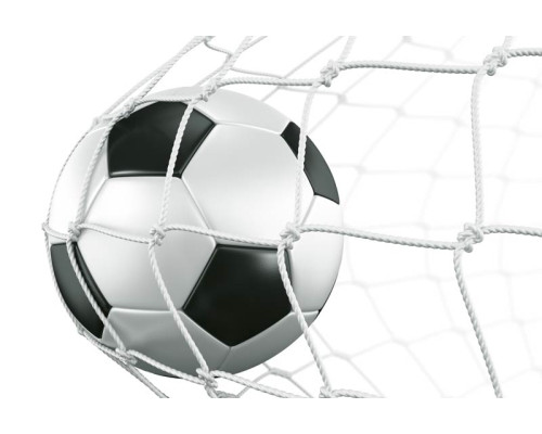 Fotobehang van een voetbal die net in het doel terechtkomt, gevangen op het beslissende moment van de wedstrijd.