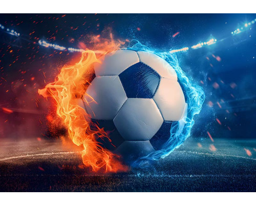 Fotobehang van een voetbal in een vurige duel met vlammen, perfect voor sportliefhebbers.