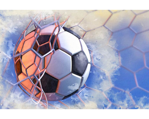 Fotobehang van een schilderij waarin een voetbal het doelpunt maakt, met het moment van scoren centraal in beeld.