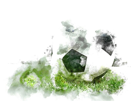 Fotobehang van een schildering met een voetbal, artistiek weergegeven in een abstracte stijl met levendige kleuren.