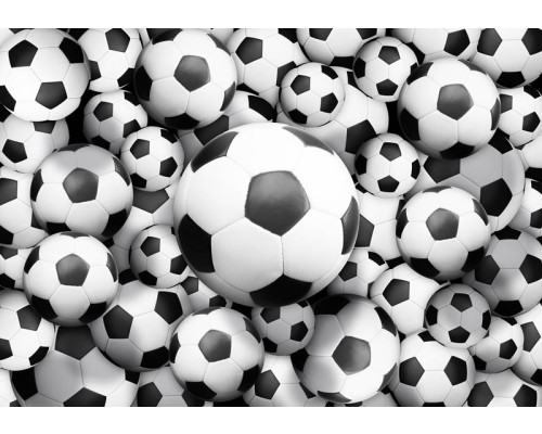 Voetballen in een 3D-effect afgebeeld op een fotobehang voor kinderen.