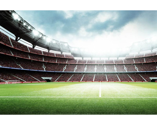 3D-fotobehang van een stadion met volle tribunes, waarbij een voetbalwedstrijd op het punt staat te beginnen.