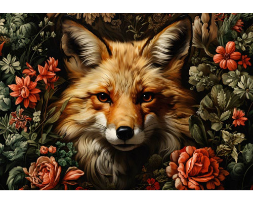 Fotobehang van een vos die door een bloemenveld sluipt, met levendige kleuren en natuurthema.