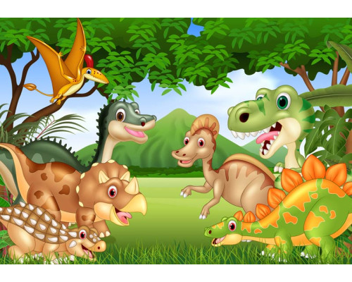 Vrolijke dinosaurussen spelen in een bosrijke jungleomgeving, speciaal ontworpen voor kinderkamers, op dit fotobehang.