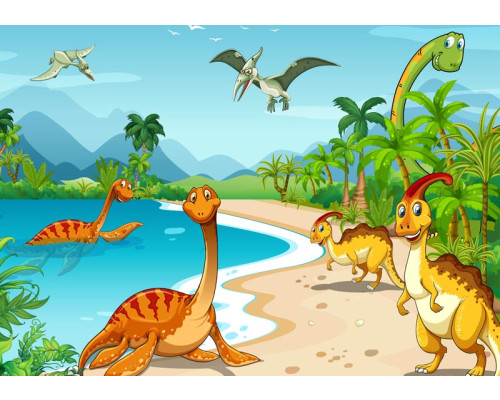 Vrolijke dinosaurussen spelen in het water, omringd door natuur, op dit speelse fotobehang.