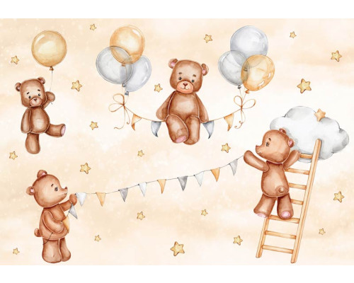 Fotobehang met vrolijke teddyberen, zwevend tussen de wolken en sterren, ontworpen voor kinderkamers.