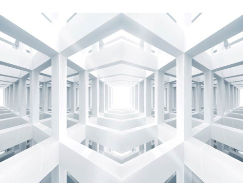 Witte ruimte, 3D-fotobehang met geometrische vormen en een futuristisch ontwerp.