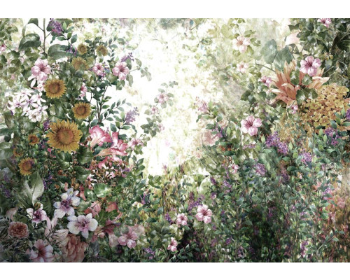Fotobehang van een wilde tuin met bloemen, kleurrijk en natuurlijk.