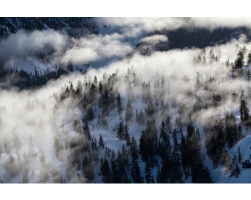 Fotobehang van een winterwonderland met besneeuwde bergen, waar een dichte mist het landschap een magische sfeer geeft.