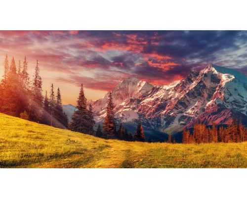 Een zonnige dag in de Alpen, waar bergen en natuur samenkomen op een levendig fotobehang.