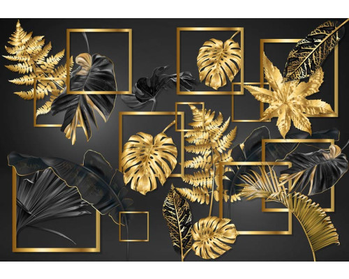 Fotobehang van zwart en gouden bladerenpracht, weergegeven in een abstract kunstontwerp.