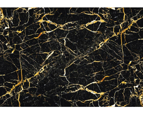 Zwart met goud fotobehang, marmer en luxe industriële uitstraling.
