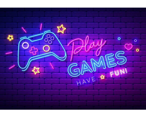 Game behang met daarop een neon verlichte controller en tekst play games.
