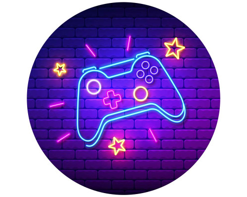Game-behangcirkel met iconische spelcontrollers en neon accenten. Perfect voor een gameroom of gamekamer, deze cirkel laat klassieke spelconsoles tot leven komen.