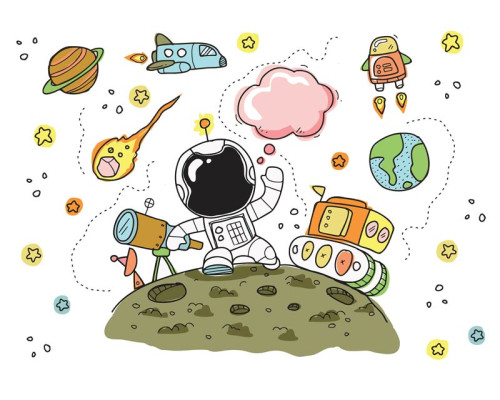 Kinderbehang met een astronaut in de ruimte die tussen de planeten zweeft, perfect voor een ruimte-enthousiast kind.