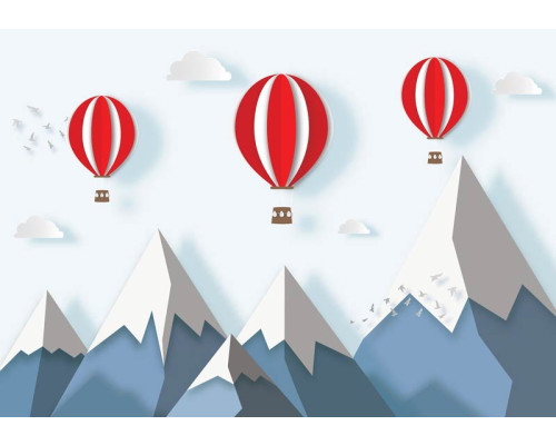 Luchtballonnen behang met bergen en sneeuw, vrolijk en kleurrijk.