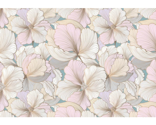 Pastel bloemen fotobehang, schilderachtig ontwerp met lichte kleuren die een subtiele en serene ambiance creëren.