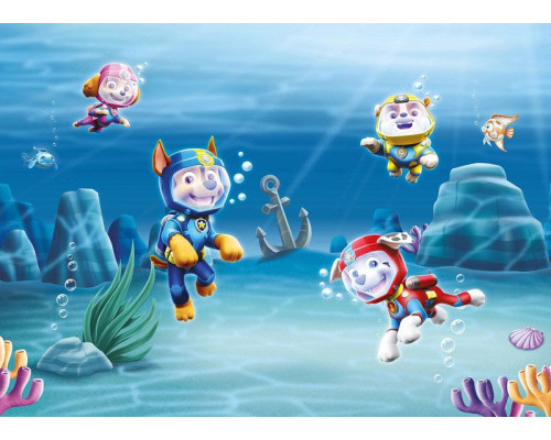 Fotobehang met de Paw Patrol personages Chase, Marshall, Skye, Rubble op duikavontuur in de zee.