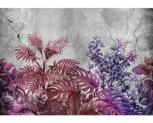 Fotobehang planten op een muur met rood-paars beton, abstract design.