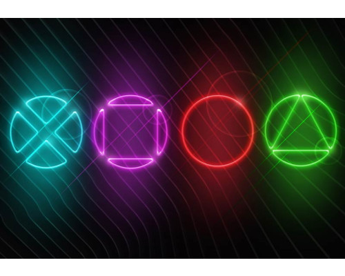 Playstation en gaming element op een donkere achtergrond, ideaal voor een gamekamer met een intense sfeer.