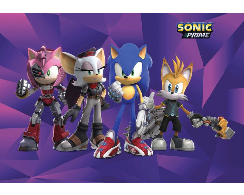 Een fotobehang met Sonic Prime, waarin Sonic en zijn vrienden in een futuristisch landschap vol snelheid en actie een dynamische uitstraling geven.
