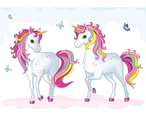 Unicorns fotobehang met vlinders, ideaal voor babykamers.