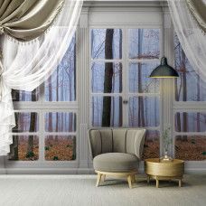 3D-fotobehang met uitzicht op het herfstbos door een raam, geschikt voor de huiskamer.