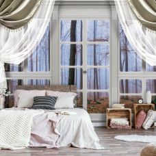 Fotobehang met uitzicht op herfstbos door een raam in 3D, perfect voor de slaapkamer.