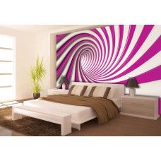 Een slaapkamer met een fotobehang van een spiraal in rood en wit in het 3D.