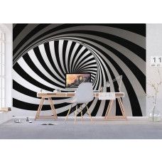 Een 3D fotobehang van een zwart-wit spiraal tornado in een kantoor.