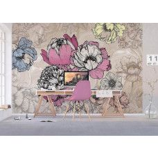 Een vintage fotobehang van een bloemencompositie in retro-stijl, ideaal voor het creėren van een retro sfeer in een kantoor.