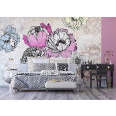 Een vintage fotobehang van een bloemencompositie in retro-stijl, dat een levendige en retro uitstraling heeft in een slaapkamer.