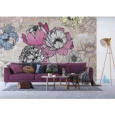 Een vintage fotobehang van een bloemencompositie in retro-stijl, dat een nostalgische en kleurrijke uitstraling biedt in een woonkamer.