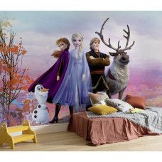 Een fotobehang van Disney Frozen met iconische scčnes en helden uit de film in de kinderkamer.