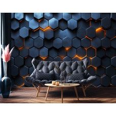 Fotobehang 3D Hexagon Muur in een gamekamer of woonkamer, met een geometrisch patroon dat diepte en een futuristische sfeer creëert.