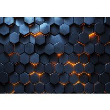Fotobehang met een modern 3D-patroon van zwarte hexagons en gloeiende oranje lichtaccenten tussen de zeshoeken.