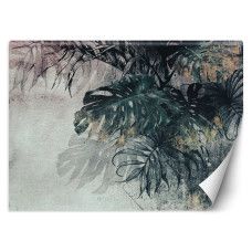 Fotobehang, 3D Monstera Palm Bladeren Beton