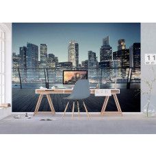 Een kantoor met een fotobehang van het uitzicht in 3d op wolkenkrabbers in een verlichte stad.