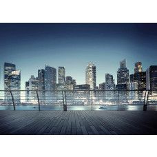 Fotobehang van het uitzicht in 3d op wolkenkrabbers in een verlichte stad.