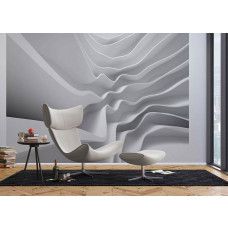 Een moderne woonkamer met een fotobehang van abstracte architectuur in het wit.