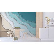 Een abstract fotobehang met golven in grijstinten dat een strak en eigentijds gevoel brengt in een keuken.