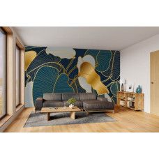 Fotobehang met abstracte lijnbladeren en gouden accenten in de woonkamer.