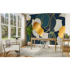 Fotobehang met abstracte gouden bladeren en grafische lijnstructuur in het kantoor.