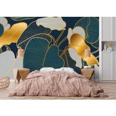 Fotobehang met goudkleurige lijnbladeren en rustige uitstraling in de slaapkamer.