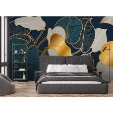 Fotobehang met abstracte gouden bladeren en fijne lijnstructuur in de slaapkamer.
