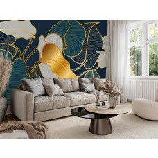 Fotobehang met abstracte gouden bladeren en fijne lijnstructuur in de woonkamer.