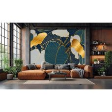 Fotobehang met fijne gouden lijnen en abstract bladpatroon in de woonkamer.