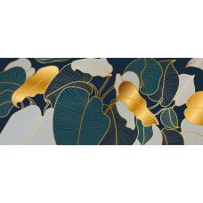 Fotobehang abstracte gouden bladeren met fijne lijnstructuur op donkere achtergrond.